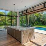 Modern kitchen opens to tropical pool, lush backyard - Enoix Construction Florida